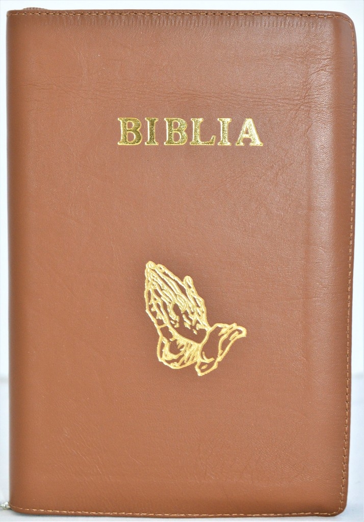 Biblie mare, piele, culoare maro, fermoar, index, margini aurii, simbol simpla, cuv. Isus cu rosu [SI 073 PFI]