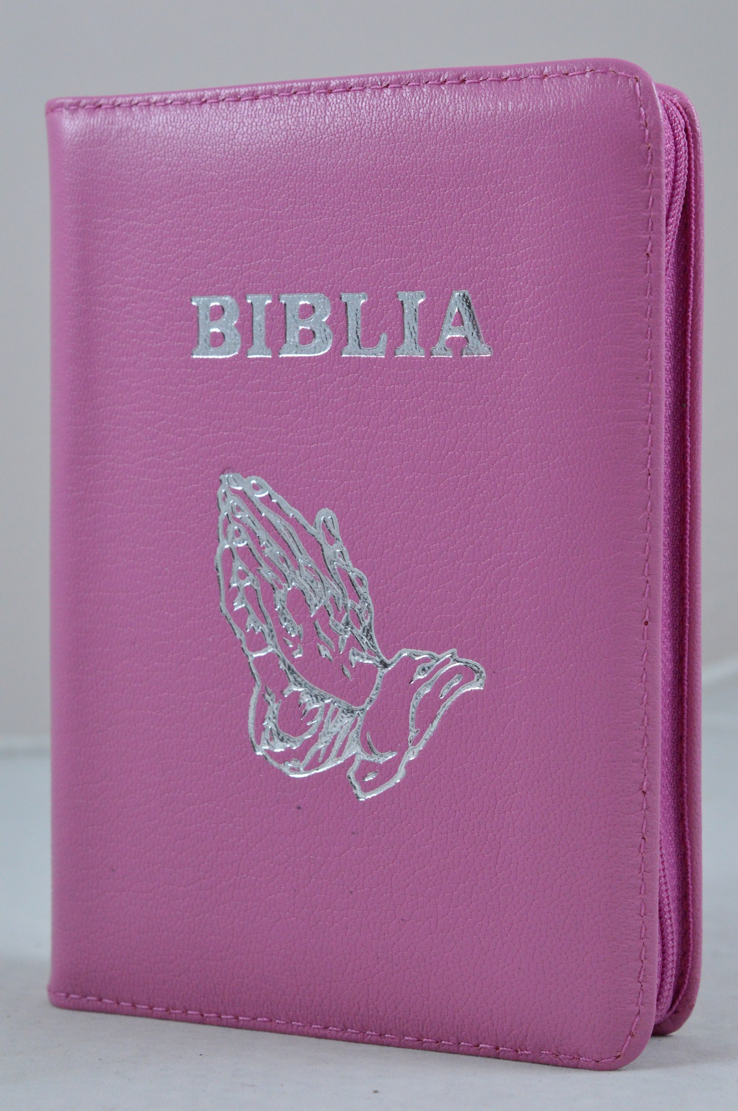 Biblie din piele, dimensiune mica, violet, fermoar, simbol maini in ruga, cuv. lui Isus in rosu [043 A]