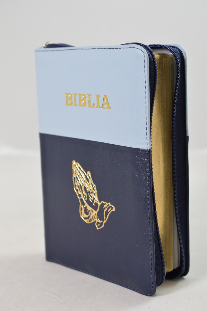 Biblia din piele, medie, bleumarin deschis cu bleumarin inchis, margini aurii, fermoar,  simbolul maini in ruga, cuv. lui Isus cu rosu [052]