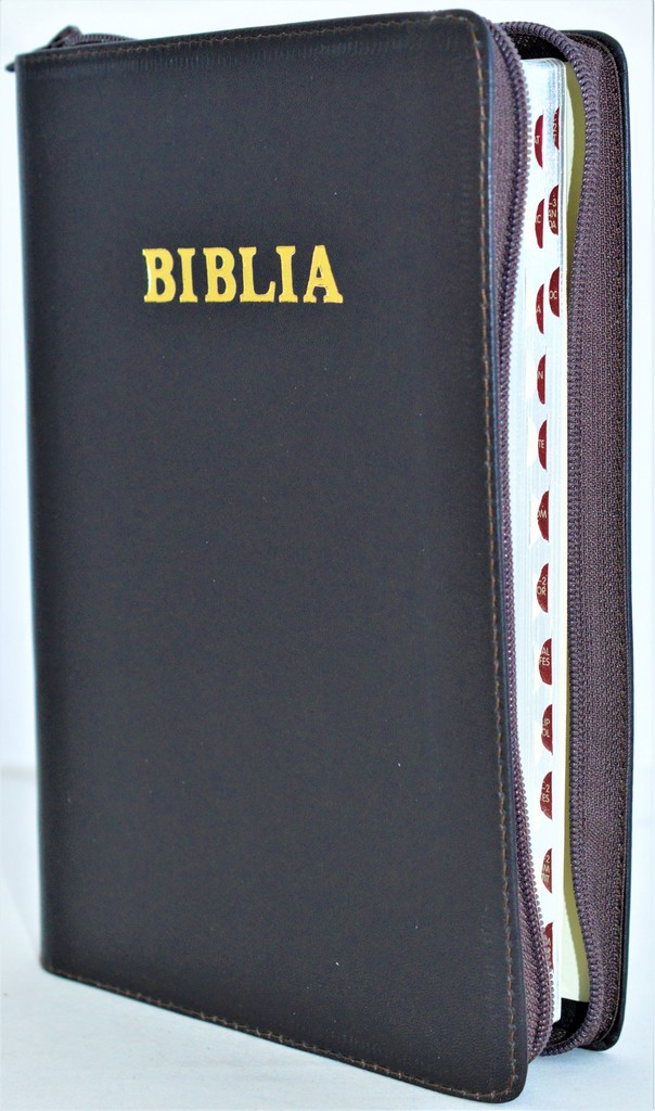 Biblie mare, piele, culoare maro inchis, fermoar, index, margini argintii, simbol simpla, cuv. Isus cu rosu [SI 073 PFI]