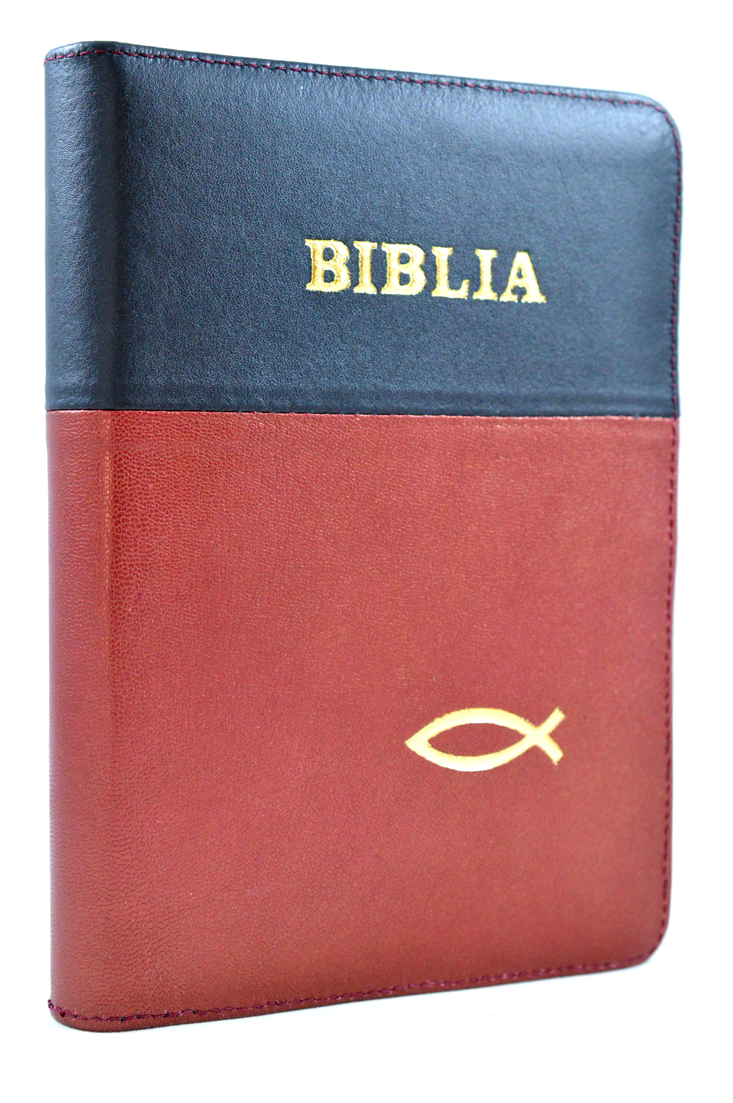 Biblia din piele, marime medie, negru - stacojiu, fermoar, simbol peste, cuv. lui Isus cu rosu [053]