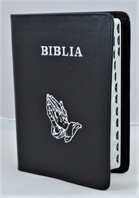 Biblie din piele, marime medie, culoare negru , index, margini argintii, simbol maini, cuv. lui Isus cu rosu [SB 057 PI]