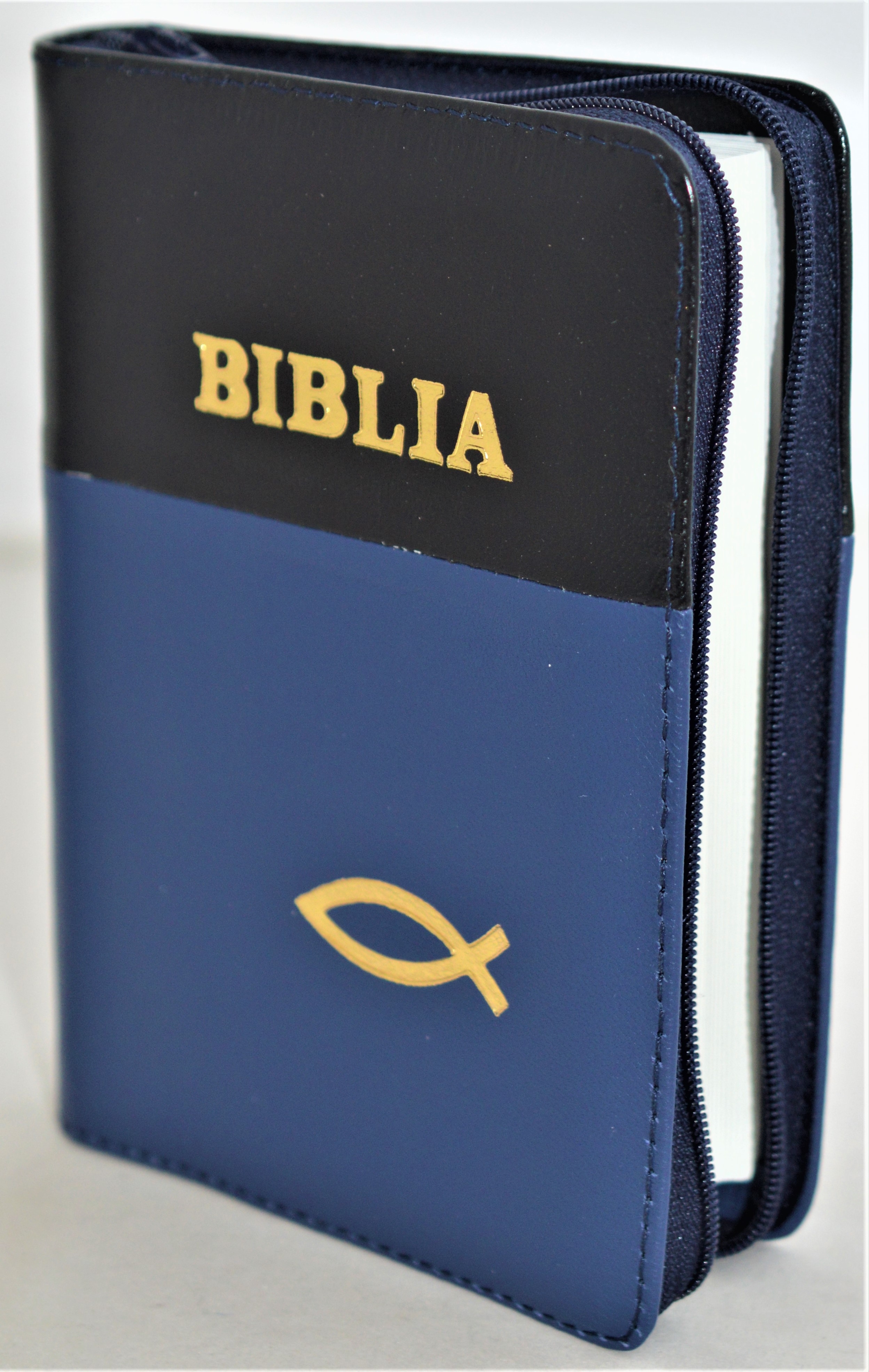 Biblie din piele, mica, negru / albastru, fermoar, margini albe,simbol peste, cuv. lui Isus in rosu [043 PF]