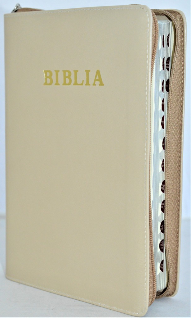 Biblie mare, piele, culoare bej, fermoar, index, margini argintii, simbol simpla, cuv. Isus cu rosu [SI 073 PFI]