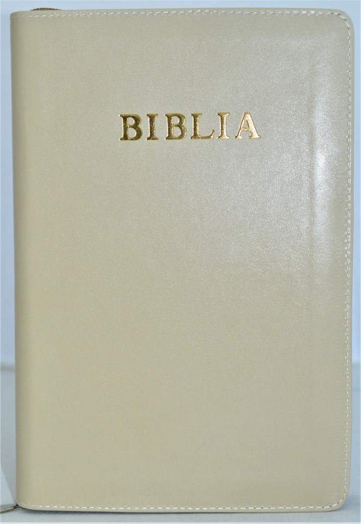 Biblie mare, piele, culoare bej, fermoar, index, margini aurii, simbol simpla, cuv. Isus cu rosu [SI 073 PFI]