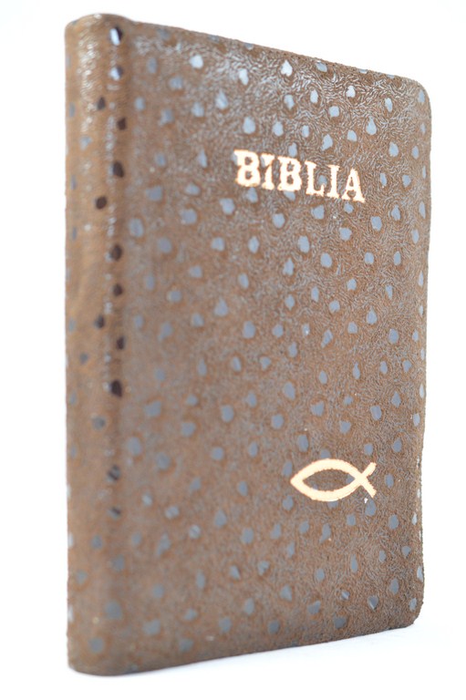 Biblia din piele, marime medie, maro metalizat imprimeu buline mici, cu maini , fermoar, margini aurii, cuv. lui Isus cu rosu [052]