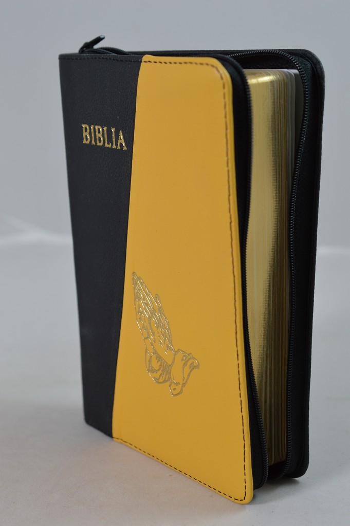 Biblia din piele, marime medie, negru/galben, margini aurii, fermoar, simbol maini in ruga, cuv. lui Isus cu rosu [052]