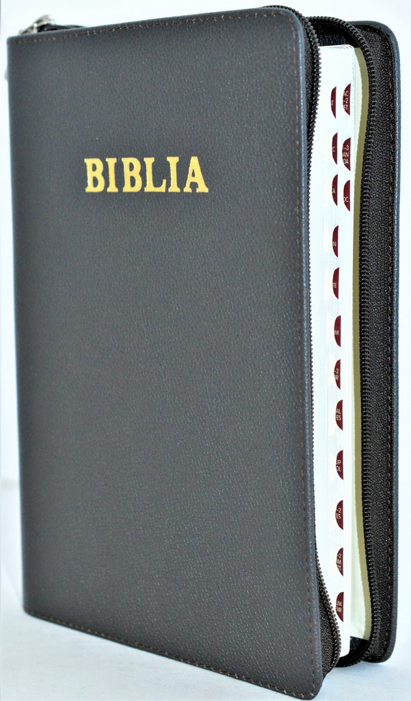 Biblie mare, piele, culoare maro brun, fermoar, index, margini argintii, simbol simpla, cuv. Isus cu rosu [SI 073 PFI]