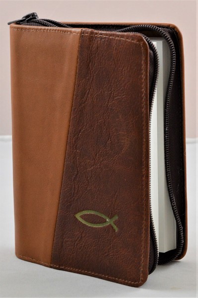 Biblie din piele, mica, maro/maro roscat, fermoar, margini albe, simbolul peste, cuv. lui Isus in rosu [043 PF]