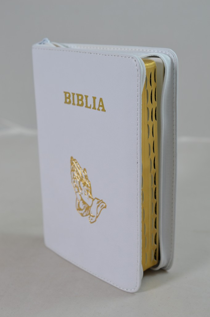 Biblia din piele, marime medie,  alba , fermoar, aurita, index, simbol maini in ruga [SI 057]
