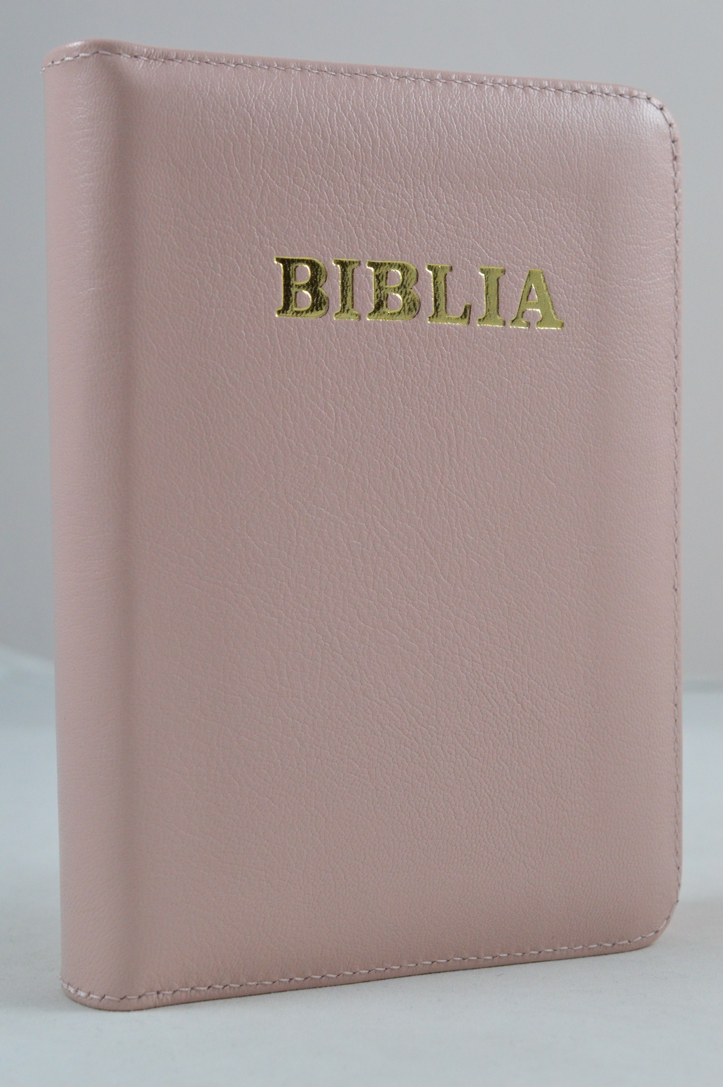 Biblie din piele, mica,cafeniu-roz, fermoar, aurita, cuv. lui Isus in rosu [043 A]