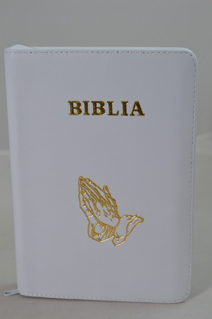 Biblie din piele, mica, culoare alba, fermoar, margini albe, simbolul maini in ruga, cuv. lui Isus in rosu [043 PF]