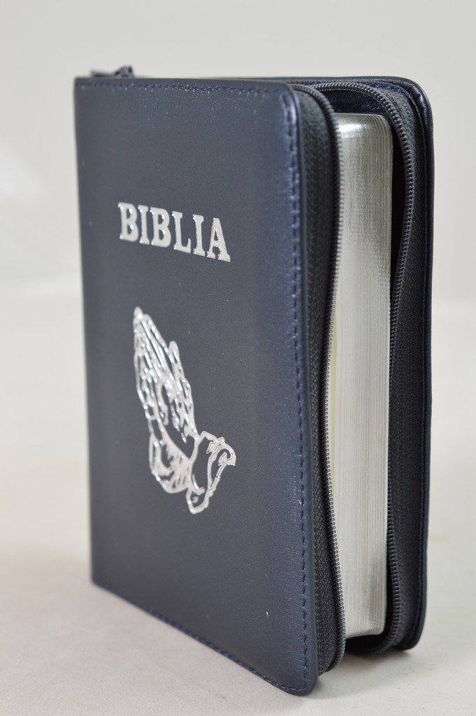 Biblie din piele, mica, bleumarin inchis sidefat, fermoar, margini argintii, simbolul maini in ruga, cuv. lui Isus in rosu [043 PF]