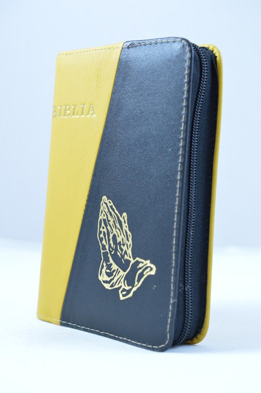 Biblia format mic, din piele, culoare galben / negru, index, fermoar, margini aurii, simbol - maini in ruga, cuv. lui Isus in rosu [047 PFI]