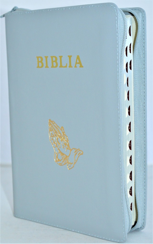 Biblie mare, piele, gri deschis, fermoar, index, margini argintii, simbol maini in ruga, cuv. Isus cu rosu [SI 073 PFI]