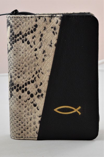 Biblie din piele, mica, nuanta bej cu negru/negru, fermoar, margini albe, simbolul peste, cuv. lui Isus in rosu [043 PF]