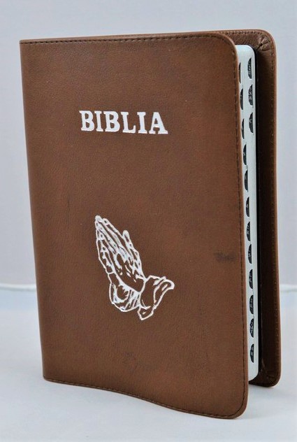 Biblie din piele, marime medie, culoare maro , index, margini argintii, simbol maini, cuv. lui Isus cu rosu [SB 057 PI]