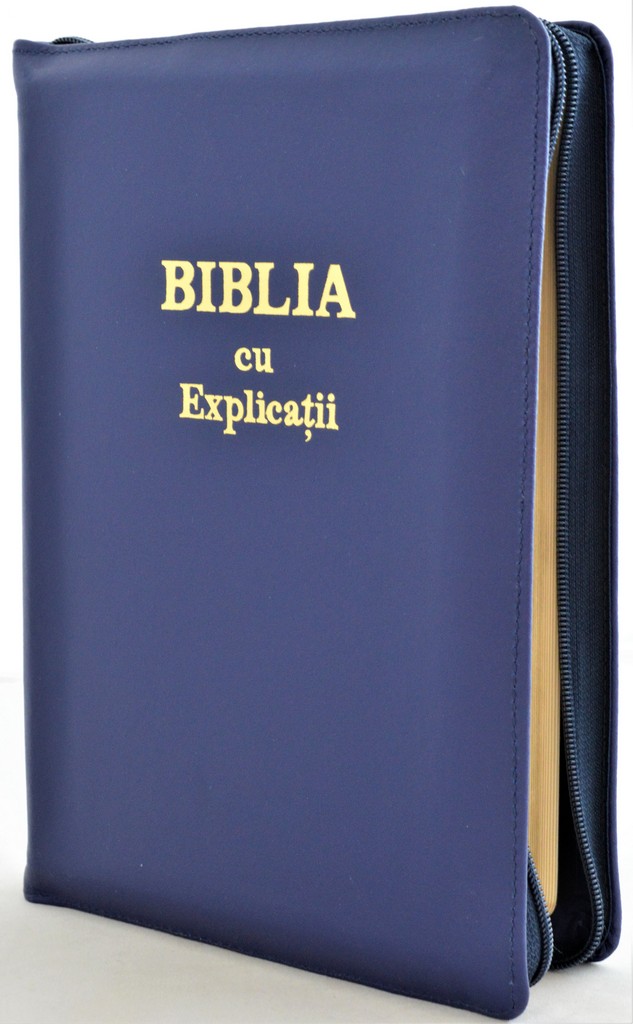Biblia cu explicatii + concordanta biblica, piele naturala, culoare bleumarin inchis, fermoar, fara index, aurita, cuv. lui Isus cu rosu, simbol simpla [CO 77 PF]