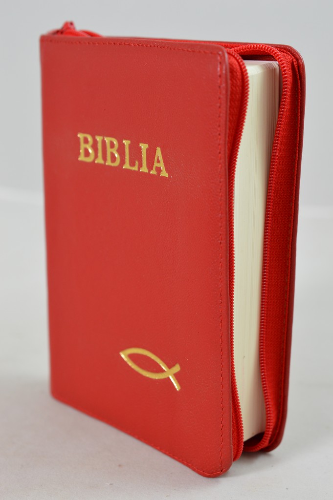 Biblie marime mica, din piele, culoare rosie, fermoar, margini albe, simbol peste [SI 043]
