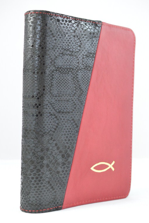 Biblia din piele, marime medie, negru / grena cu peste , fermoar, aurita, cuv. lui Isus cu rosu [052]