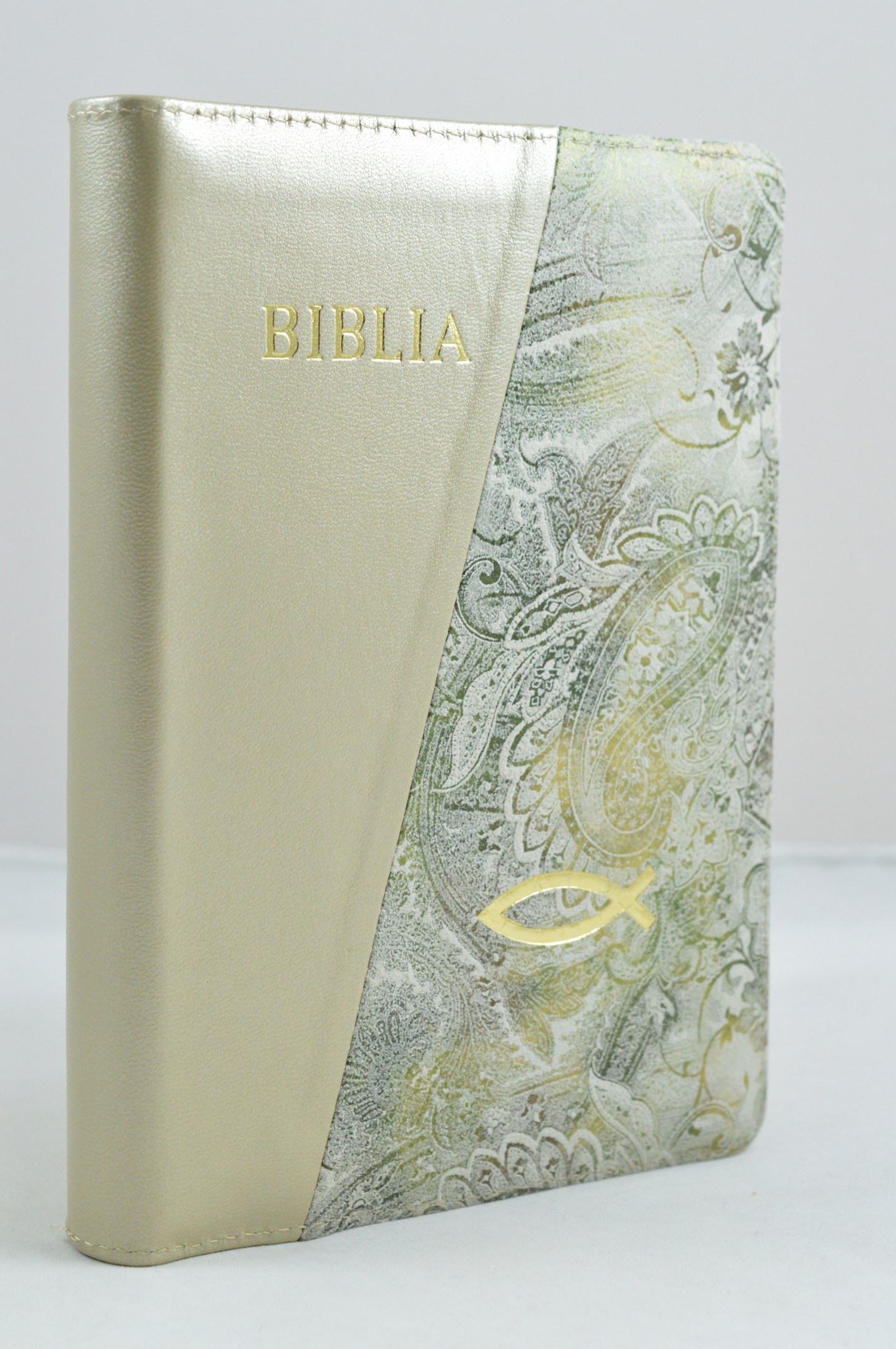 Biblia din piele, marime medie, bej-motiv floral, fermoar, simbol  pește, cuv. lui Isus cu rosu [053]
