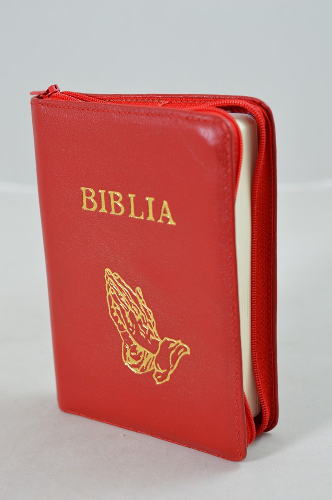 Biblie marime mica, din piele, culoare rosu aprins, fermoar, margini albe, simbol maini in rugaciune [SI 043]