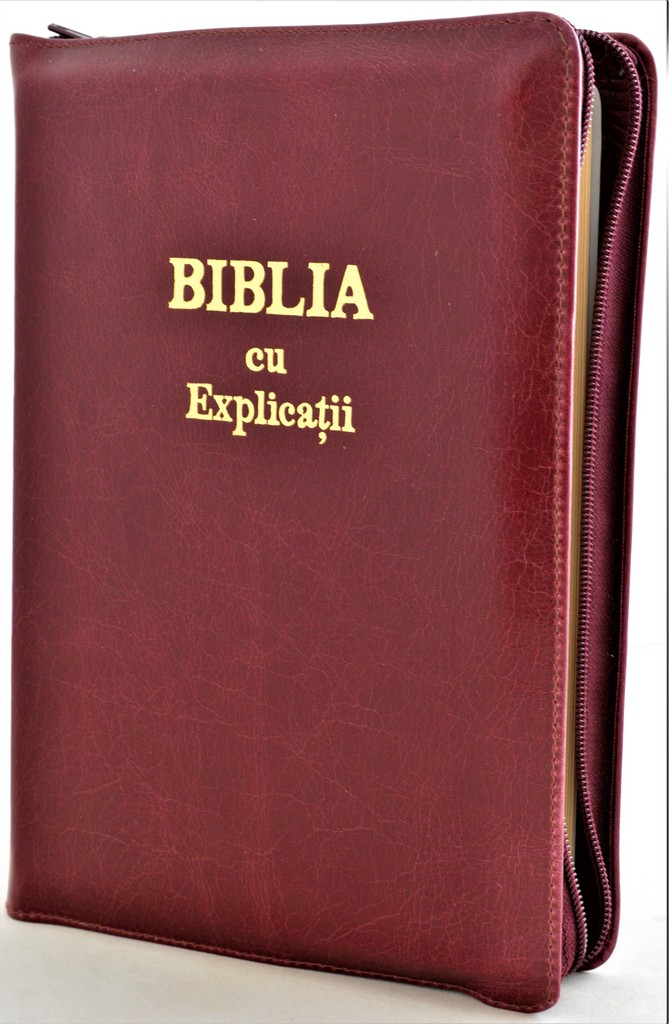 Biblia cu explicatii + concordanta biblica, piele naturala, visiniu inchis, fermoar, fara index, aurita, cuv. lui Isus cu rosu [CO 77 PF]
