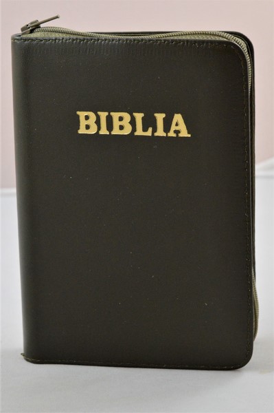 Biblie din piele, mica, verde inchis, fermoar, margini albe, cuv. lui Isus in rosu [043 PF]