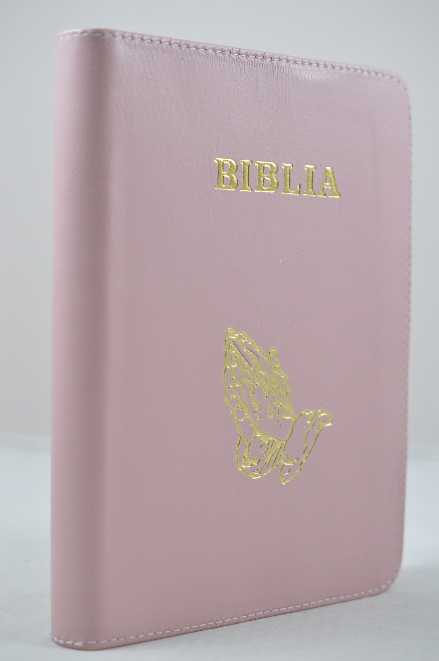 Biblia din piele, marime medie,  roz pal, fermoar, aurita, simbol maini in ruga, 4 harti color [SI 052]