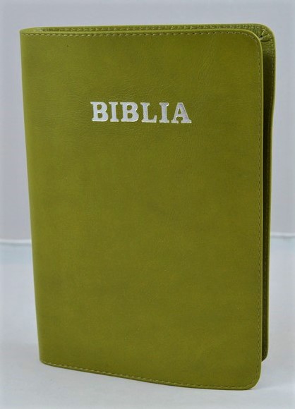 Biblie din piele, marime medie, culoare verde, index, margini argintii, simbol simpla, cuv. lui Isus cu rosu [SB 057 PI]