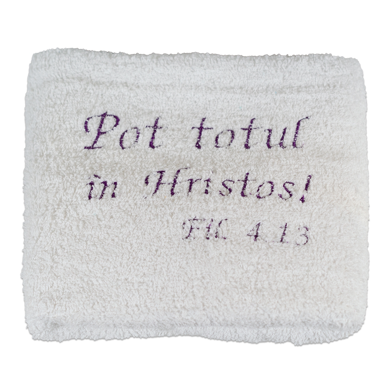 Prosop brodat - Pot totul in Hristos! (alb cu scris mov) Prosop brodat - Pot totul in Hristos! (alb cu scris mov)