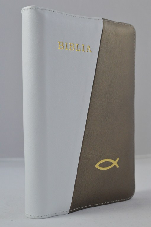 Biblia din piele, marime medie, culoare alb/ maro , fermoar, cu peste, cuv. lui Isus cu rosu [053 Biblia din piele, marime medie, culoare alb/ maro , fermoar, cu peste, cuv. lui Isus cu rosu [053