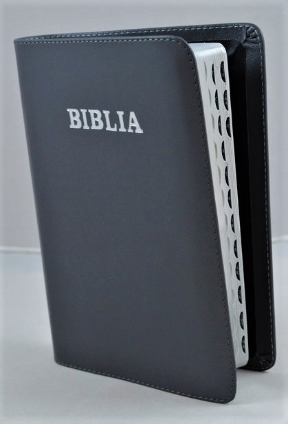 Biblie din piele, marime medie, culoare gri, index, margini argintii, simbol simpla, cuv. lui Isus cu rosu [SB 057 PI]