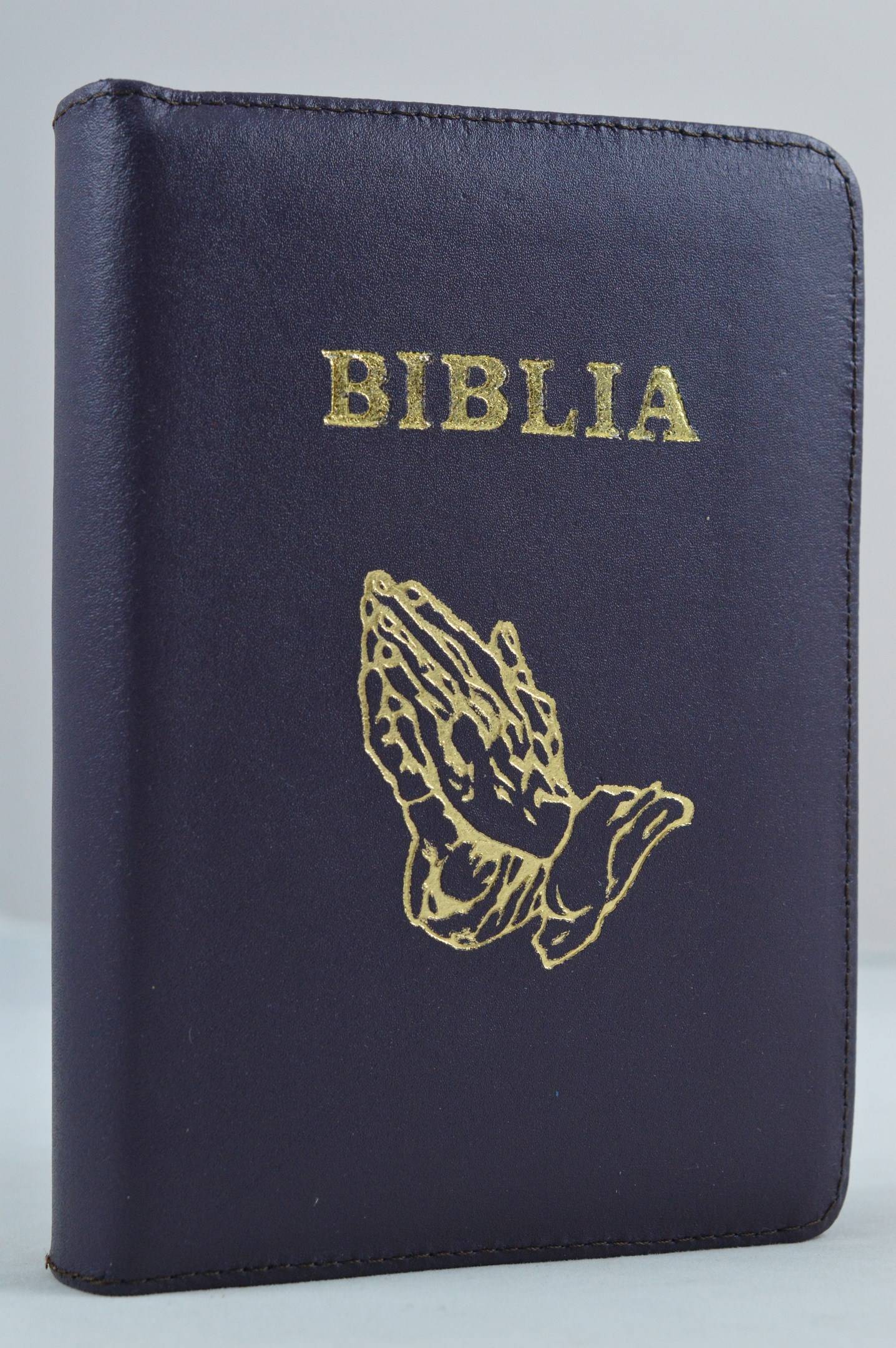 Biblia mica, coperta piele, culoare, mov închis, index, fermoar, margini aurii,  simbolul maini, cuv. lui Isus in rosu [047 PFI]