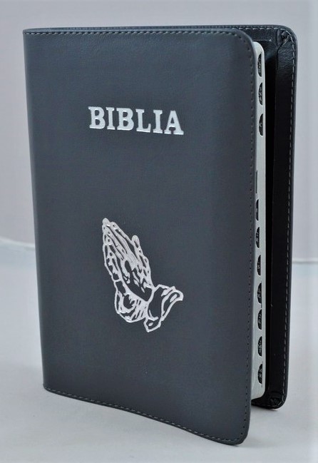 Biblie din piele, marime medie, culoare gri inchis, index, margini argintii, simbol maini, cuv. lui Isus cu rosu [SB 057 PI]