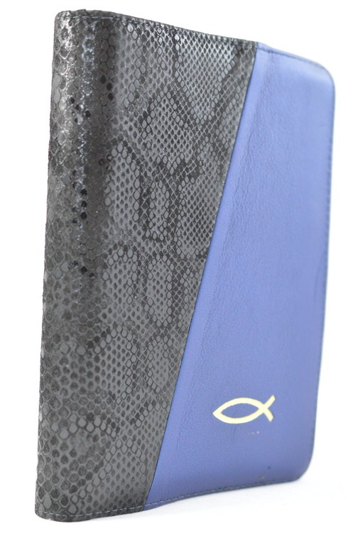 Biblia din piele, marime medie, culoare negru / indigo, fermoar, cu peste, cuv. lui Isus cu rosu [053]