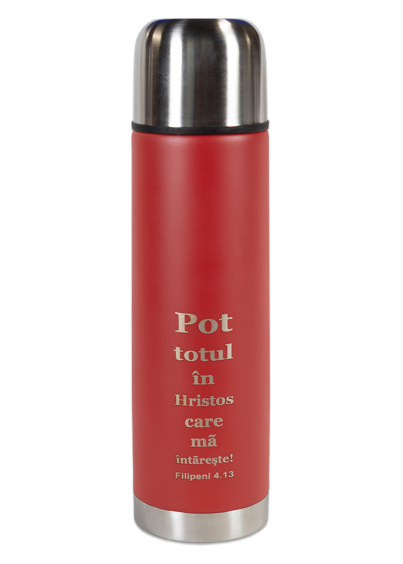 Termos - Pot totul in Hristos (rosu cu capac argintiu) Termos - Pot totul in Hristos (rosu cu capac argintiu)