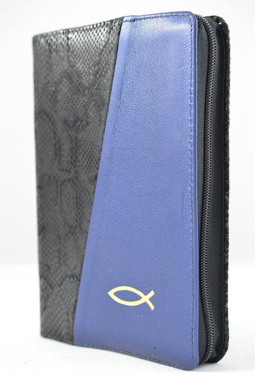 Biblia din piele, medie, negru / albastru indigo, fermoar, aurita, cu peste, cuv. lui Isus cu rosu [052]