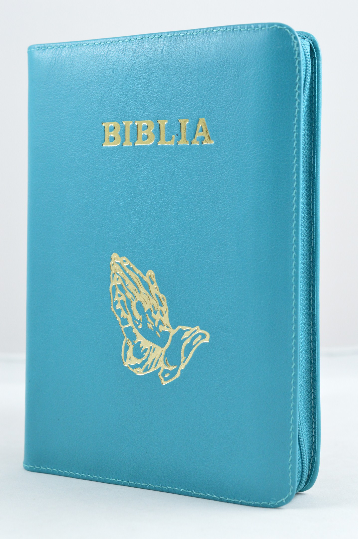 Biblia din piele, marime medie,turcoaz , fermoar, simbol maini in ruga, cuv. lui Isus cu rosu [053]