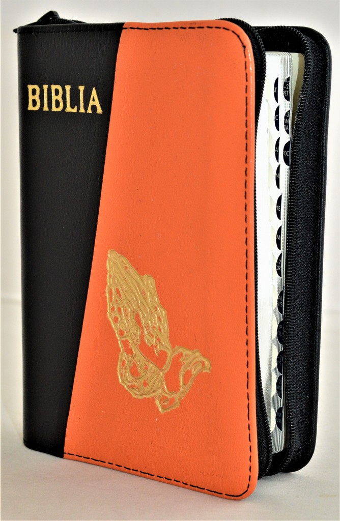 Biblia format mic, din piele, culoare negru/portocaliu, index, fermoar, margini argintii,simbolul maini in ruga, cuv. lui Isus in rosu [047 PFI]