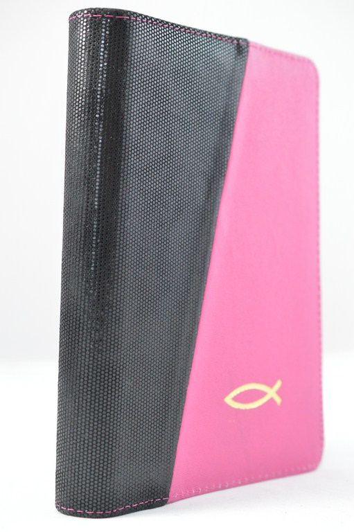 Biblia din piele, medie, negru / roz bombon, fermoar, aurita, cu peste, cuv. lui Isus cu rosu [052]