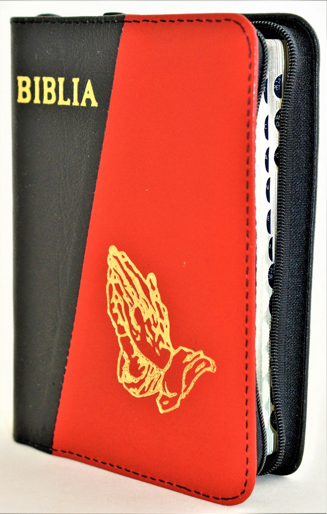 Biblia format mic, din piele, culoare negru / rosie, index, fermoar, margini argintii,simbolul maini in ruga, cuv. lui Isus in rosu [047 PFI]
