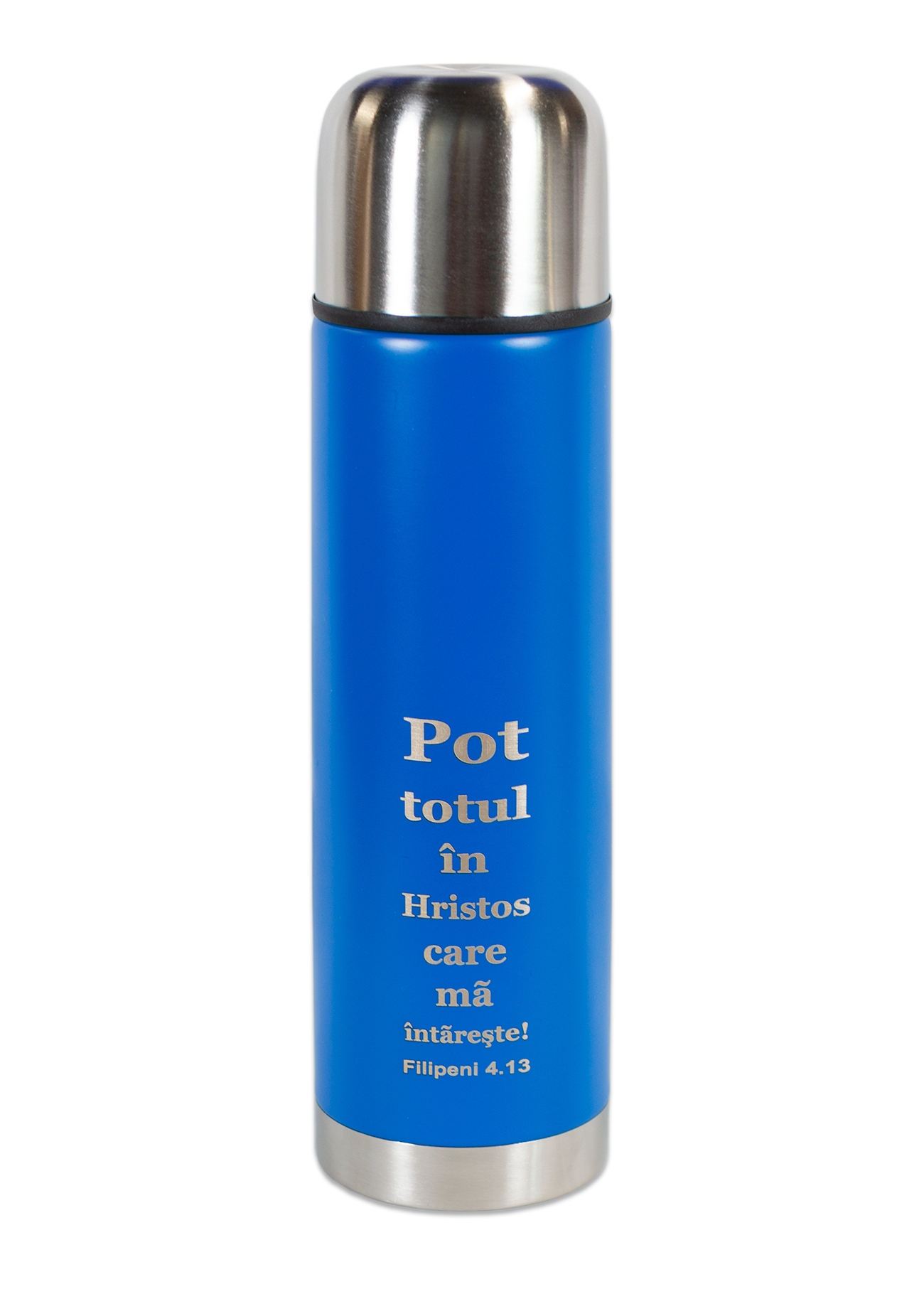 Termos - Pot totul in Hristos (albastru cu capac argintiu) Termos - Pot totul in Hristos (albastru cu capac argintiu)