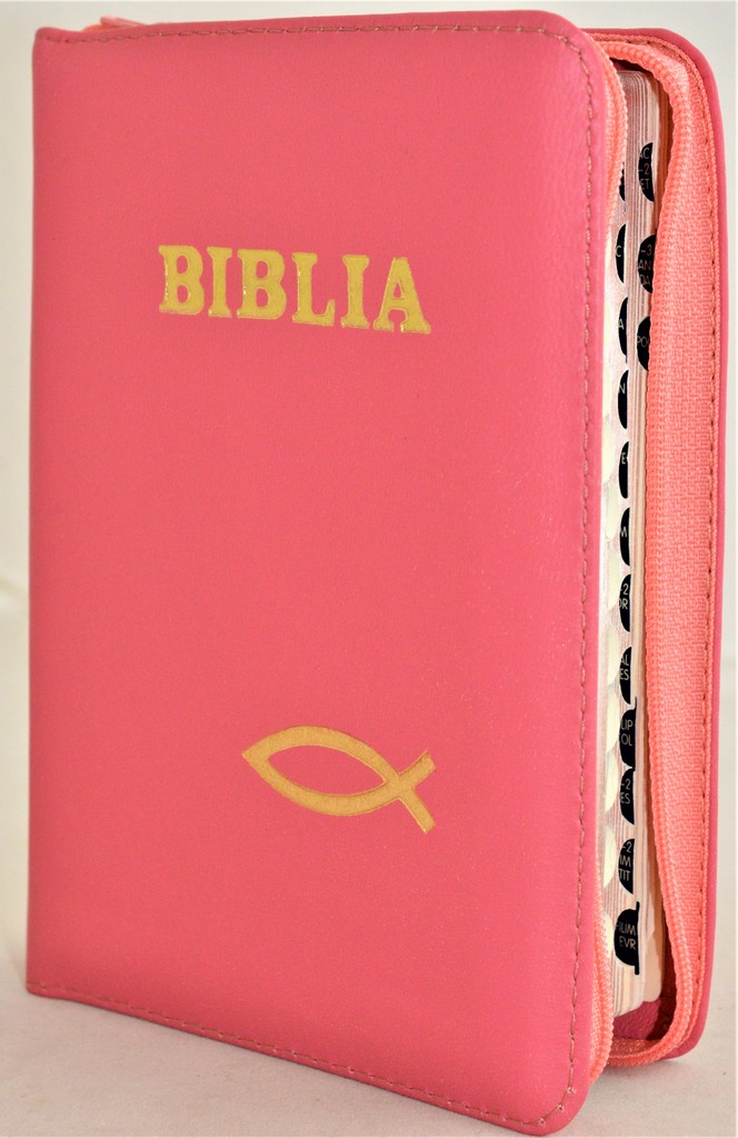 Biblia format mic, din piele, culoare roz coral, index, fermoar, margini argintii, simbolul peste, cuv. lui Isus in rosu [047 PFI]