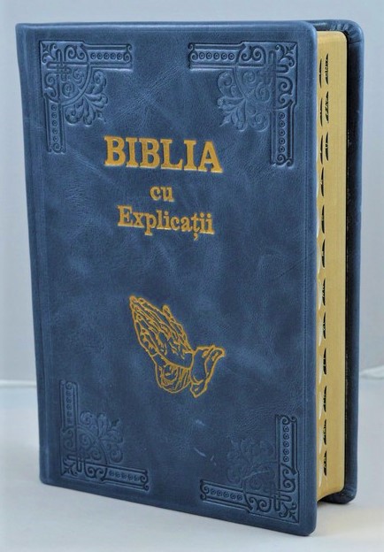 Biblia Handmade, mare, cu concordanta si explicatii, piele, culoare albastra, simbol maini in ruga cu index, aurita,  cuv. lui Isus cu rosu [CO 77 HMI]