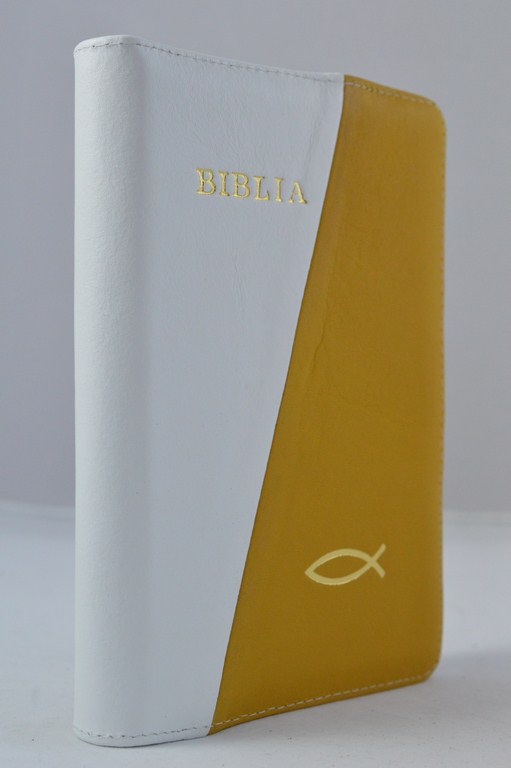 Biblia din piele, marime medie, culoare alb/ galben , fermoar, cu peste, cuv. lui Isus cu rosu [053 Biblia din piele, marime medie, culoare alb/ galben , fermoar, cu peste, cuv. lui Isus cu rosu [053