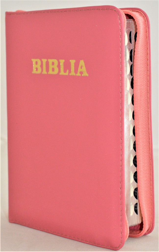 Biblia format mic, din piele, culoare roz coral, index, fermoar, margini argintii, cuv. lui Isus in rosu [047 PFI]