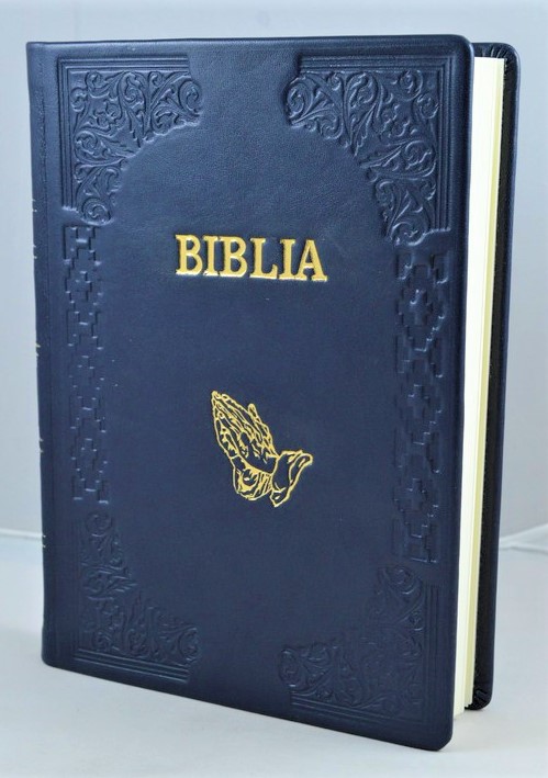 Biblia foarte mare, cu scris foarte mare, format A4, piele, prelucrata manual,bleumarin, simbol maini [SB 093 HM]