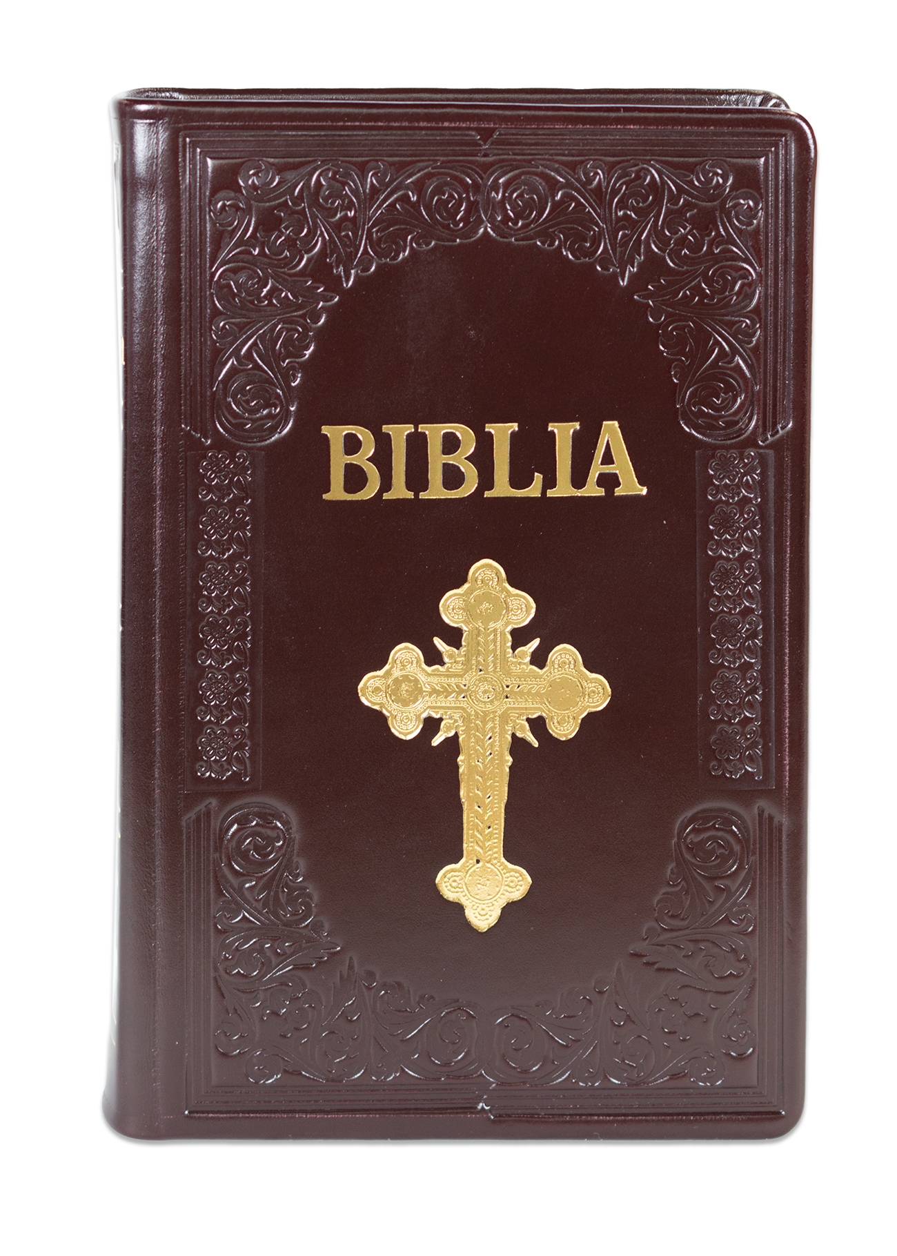 Biblie mare, piele, handmade, culoare visiniu inchis, index, margini argintii, simbol cruce, cuv. Isus cu rosu [SI 076 HM]