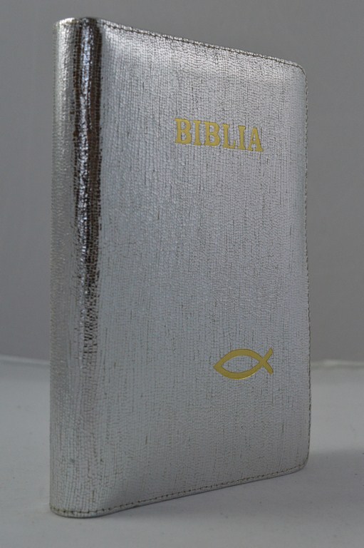 Biblia din piele, marime medie, biblie argintie cu peste , fermoar, aurita, cuv. lui Isus cu rosu [052]
